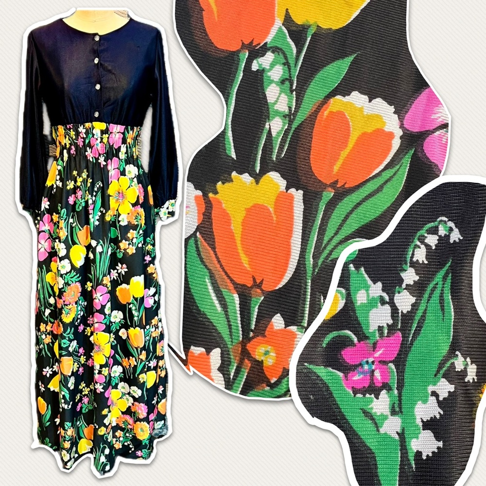 VINTAGE mid century‎ 60s dark flower long maxi dress hostess house gown 70s MOD - Picture 5 of 17